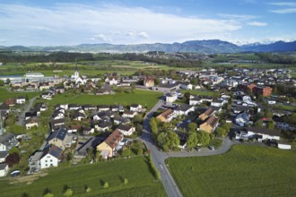 View of the village with the neighbourhood Oberdorf and the catholic parish church Mariä Geburt,