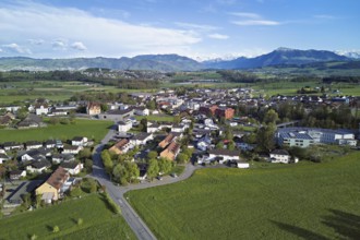 View of the village with the neighbourhood Oberdorf and the catholic parish church Mariä Geburt, in