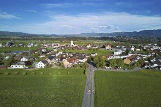 View of the village with the neighbourhood Oberdorf and the catholic parish church Mariä Geburt,