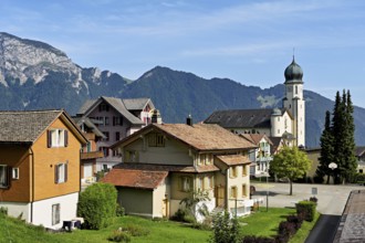 View of the village with the parish church of St Michael, Seelisberg, Canton, Uri, Switzerland