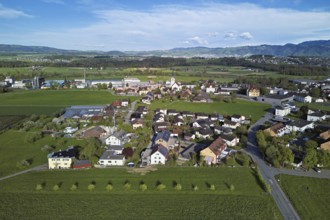 View of the village with the neighbourhood Oberdorf and the catholic parish church Mariä Geburt,