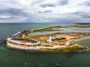 Hurst Point Lighthouse and Hurst Castle from drone over Hurst Spit, Milford on Sea, Lymington,