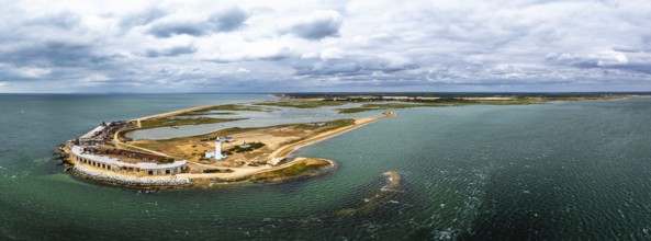 Panorama of Hurst Point Lighthouse and Hurst Castle from drone over Hurst Spit, Milford on Sea,