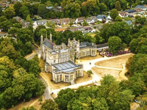 Highcliffe Castle from drone, Highcliffe, Dorset, England, United Kingdom