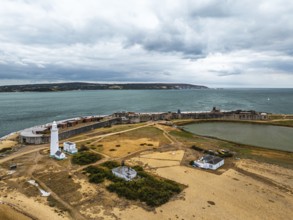 Hurst Point Lighthouse and Hurst Castle from drone over Hurst Spit, Milford on Sea, Lymington,