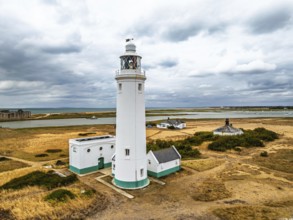 Hurst Point Lighthouse and Hurst Castle from drone over Hurst Spit, Milford on Sea, Lymington,