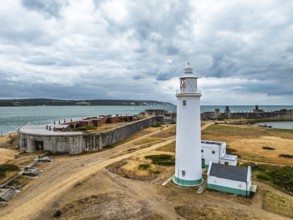 Hurst Point Lighthouse and Hurst Castle from drone over Hurst Spit, Milford on Sea, Lymington,