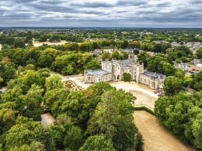 Highcliffe Castle from drone, Highcliffe, Dorset, England, United Kingdom