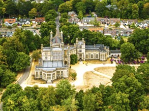 Highcliffe Castle from drone, Highcliffe, Dorset, England, United Kingdom