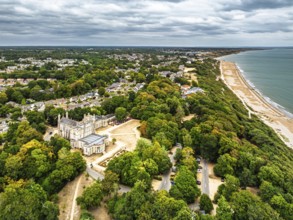 Highcliffe Castle from drone, Highcliffe, Dorset, England, United Kingdom