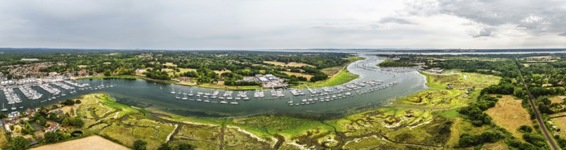 Panorama of River Hamble and Swanwick Marina from drone, Swanwick, Southampton, Hampshire, England,