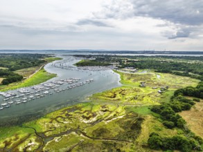 River Hamble and Swanwick Marina from drone, Swanwick, Southampton, Hampshire, England, United