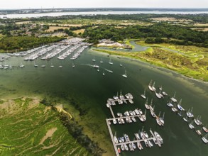River Hamble and Swanwick Marina from drone, Swanwick, Southampton, Hampshire, England, United