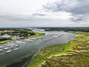 River Hamble and Swanwick Marina from drone, Swanwick, Southampton, Hampshire, England, United