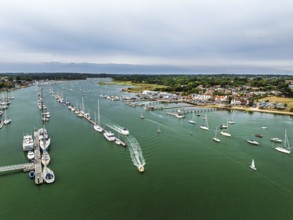 Hamble Point Marina over River Hamble from drone, Hamble-le-Rice, Warsash, Southampton Water,