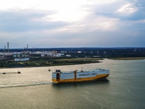 Grimaldi Lines Vehicles Carrier Grande Texas over refinery Esso Oil Terminal from drone,