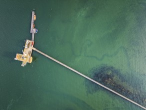 Top Down over Warsash Maritime Academy Pier and River Hamble from drone, Hamble-le-Rice, Warsash,