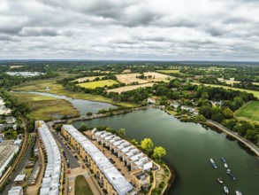 Lymington River and marina from drone, Lymington, New Forest, Hampshire, England, United Kingdom