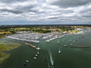Lymington River and marina from drone, Lymington, New Forest, Hampshire, England, United Kingdom