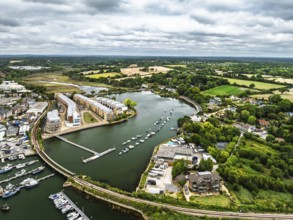 Lymington River and marina from drone, Lymington, New Forest, Hampshire, England, United Kingdom