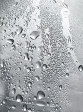 Drops of water on plastic bottle, neutrally illuminated, detailed view