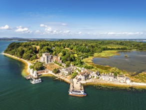 Brownsea Castle on Brownsea Island from a drone, Poole, Dorset, England, United Kingdom