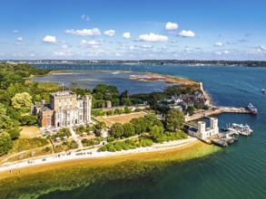 Brownsea Castle on Brownsea Island from a drone, Poole, Dorset, England, United Kingdom