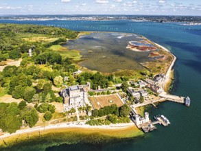 Brownsea Castle on Brownsea Island from a drone, Poole, Dorset, England, United Kingdom