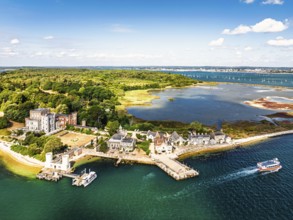 Brownsea Castle on Brownsea Island from a drone, Poole, Dorset, England, United Kingdom