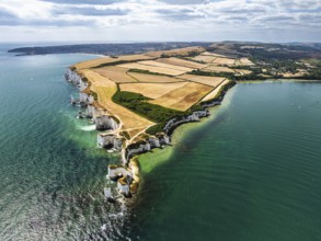 White Cliffs of Old Harry Rocks Jurassic Coast from a drone, Handfast Point, Dorset Coast, Poole,