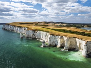 White Cliffs of Old Harry Rocks Jurassic Coast from a drone, Handfast Point, Dorset Coast, Poole,