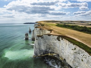 White Cliffs of Old Harry Rocks Jurassic Coast from a drone, Handfast Point, Dorset Coast, Poole,