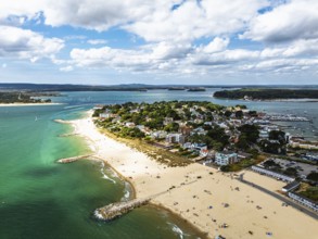Sandbanks Beach from drone, Poole, Dorset, England, United Kingdom