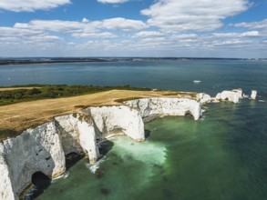White Cliffs of Old Harry Rocks Jurassic Coast from a drone, Handfast Point, Dorset Coast, Poole,