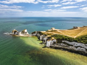 White Cliffs of Old Harry Rocks Jurassic Coast from a drone, Handfast Point, Dorset Coast, Poole,