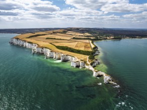 White Cliffs of Old Harry Rocks Jurassic Coast from a drone, Handfast Point, Dorset Coast, Poole,