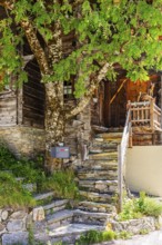 Staircase to a historic chalet, Zinal, Val d'Anniviers, Valais Alps, Canton Valais, Switzerland