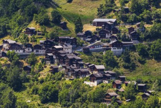The mountain village of Pinsec, view from Saint Luc, Val d'Anniviers, Valais Alps, Canton Valais,