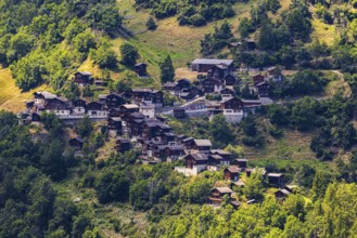 The mountain village of Pinsec, view from Saint Luc, Val d'Anniviers, Valais Alps, Canton Valais,