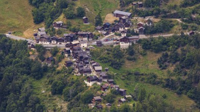 The mountain village of Pinsec, view from Saint Luc, Val d'Anniviers, Valais Alps, Canton Valais,