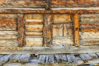 Loading door of a historic granary, Ayer, Val d'Anniviers, Valais Alps, Canton Valais, Switzerland