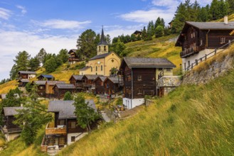 Historic village centre and Sainte Barbe church, Chandolin, Val d'Anniviers, Valais Alps, Canton