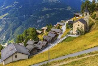 Historic village centre and Sainte Barbe church, Chandolin, Val d'Anniviers, Valais Alps, Canton