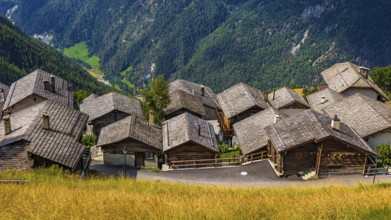 Wooden shingle roofs in the historic centre of Chandolin, Val d'Anniviers, Valais Alps, Canton