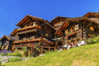 Historic wooden houses in log construction, Ayer, Val d'Anniviers, Valais Alps, Canton Valais,