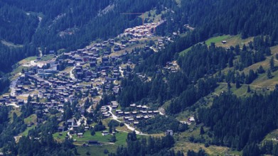 The mountain village of Grimentz, view from Saint Luc, Val d'Anniviers, Valais Alps, Canton Valais,