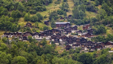 The mountain village of Pinsec, view from Vissoie, Val d'Anniviers, Valais Alps, Canton Valais,