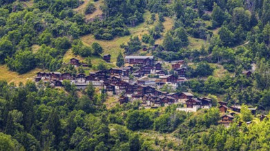 The mountain village of Pinsec, view from Saint Luc, Val d'Anniviers, Valais Alps, Canton Valais,