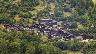 The mountain village of Pinsec, view from Vissoie, Val d'Anniviers, Valais Alps, Canton Valais,