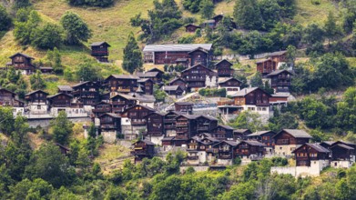 The mountain village of Pinsec, view from Saint Luc, Val d'Anniviers, Valais Alps, Canton Valais,